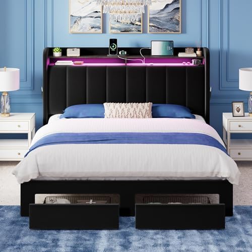 Allewie Full Size Bed Frame with 2-Tier Storage Headboard & 2 Large Drawers