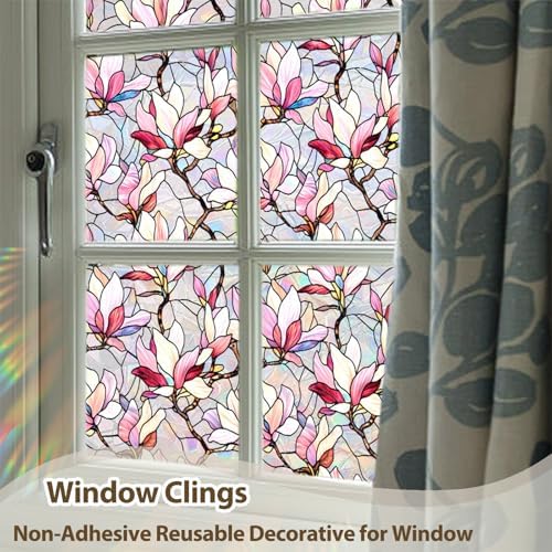 Magnolia Window Privacy Film,Static Stained Glass Cling17.5"x 78.7"