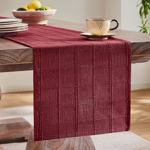ZeeMart Linen Checked Farmhouse Table Runner, 13x36 Inches Burgundy