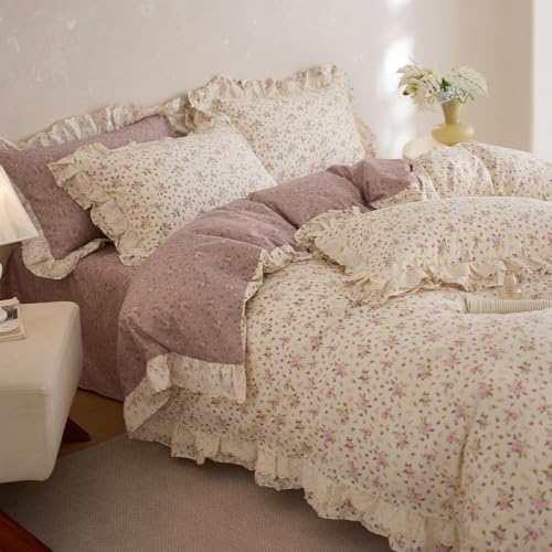 Pink Floral Twin Duvet Cover Cotton Boho Twin Comforter Cover Lace Trim Ruffle Soft Pattern Duvet Cover Set with 2 Pillow Cases Chic Zipper Bedding Set Princess Duvet Protector