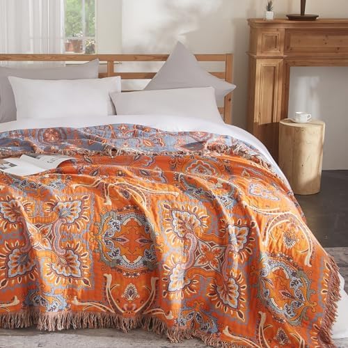 Bailix Boho Throw Blanket, 100% Cotton, Woven Floral Pattern, 80"x90"