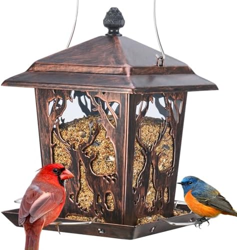 Kingsyard Metal Bird Feeder for Outdoor Hanging - Unique Design Wild Bird Hopper Feeder with 4 Perches and Rainproof Roof, Antique Copper