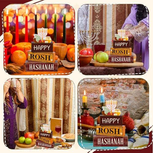 Yuntau 4 Pcs Rosh Hashanah Table Decor Wood Sign Jewish Tiered Tray Decor