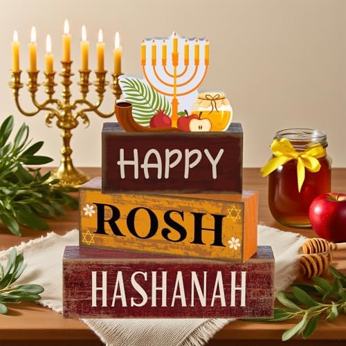 Yuntau 4 Pcs Rosh Hashanah Table Decor Wood Sign Jewish Tiered Tray Decor