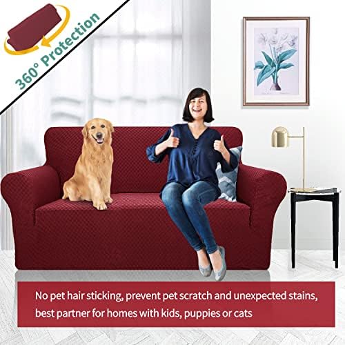 YEMYHOM Couch Cover Latest Jacquard Design High Stretch Sofa Covers for 2 Cushion Couch, Pet Dog Cat Proof Loveseat Slipcover Non Slip Magic Elastic Furniture Protector (Loveseat, Christmas Wine Red)