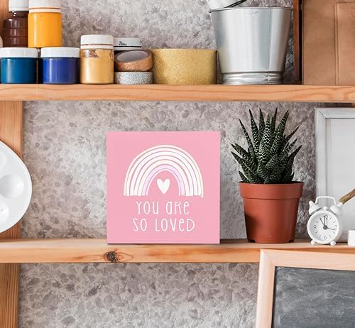 SRADMO You Are So Loved Rainbow Heart Wood Box Sign Desk Decor, Pink Kids Inspirational Quotes Wooden Block Box Sign Decoration for Kids Room Nursery Playroom Shelf Table Decorative Accessories