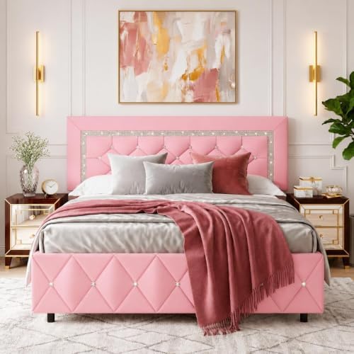 HOMBCK Queen Bed Frame with Headboard, Diamond Tufted Design, Pink