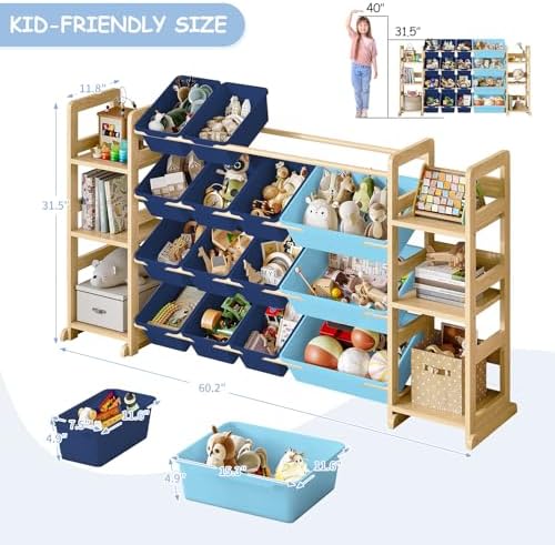 EXPERLAM Extra Large Toy Storage - Toy Storage Organizer, Wooden Toy Organizer with 6 Side Shelves and 16 Bins, 3-in-1 Bookshelf for Kids Rooms, Playroom, Nursery, Blue