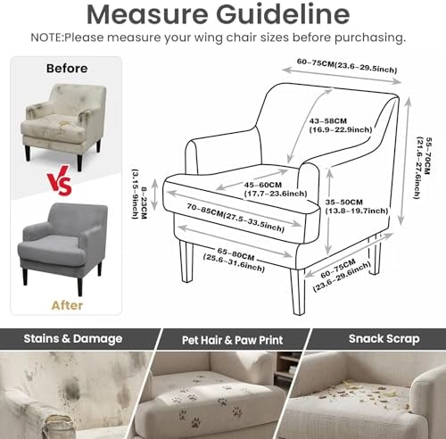 Mid-Century Accent Chair Covers with Cushion Cover Velvet 2 Pieces Upholstered Armchair Slipcovers for Living Room Comfy Sofa Reading Furniture Protector for Apartment Bedroom Office (Gray)