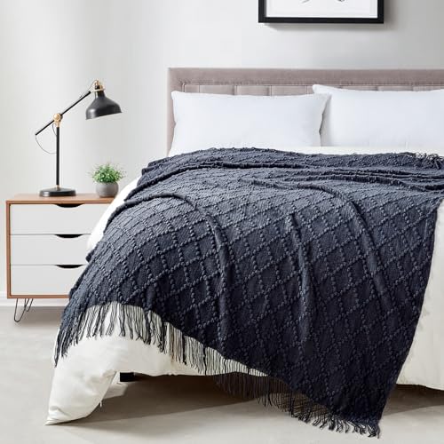 BOURINA Navy Throw Blanket 50 x70 Inch Jacquard Throw Knitted Blanket
