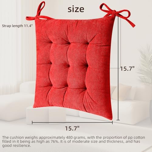 HLOVME Corduroy Chair Cushion with Ties Ultra Soft Warm Floor Cushion for Kids Reading Nook Comfortable Square Seat Cushion for Adult 15.7”x15.7” Set of 2, Bright red