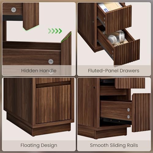 CHOEZON 8.7" Narrow Fluted Nightstand, Small Bedside Table with Drawers, Skinny Side Table, Modern Nightstand with 1 Semi-Open Shelf, Floating End Table, for Living Room, Bedroom, Walnut MBZ12HT