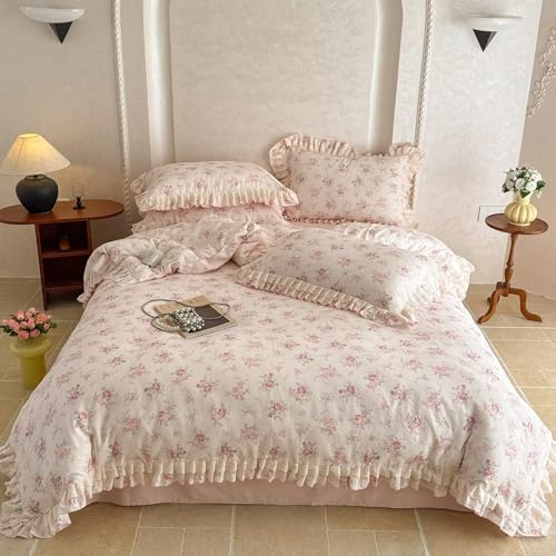 Boho Floral Duvet Cover Set Queen Size 3 Pcs,Pink Flower 100% Cotton Muslin Gauze Bedding Set with Lace Ruffles,Breathable Lightweight Comforter Covers with 2 Pillowcases 90"×90"