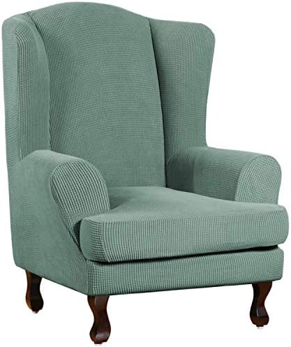 Turquoize Wingback Chair Covers 2 Piece Wing Chair Slipcover Stretch Slipcovers for Wingback Chairs Wing Chair Cover Spandex Jacquard Fabric with Elastic Bottom Non-Slip Furniture Cover, Cyan