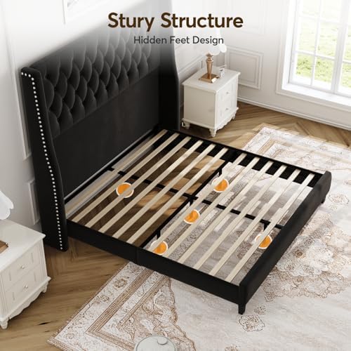 Queen Upholstered Bed Frame, 55.4'' Tall Headboard with Wingback