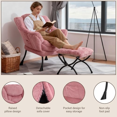 Welnow Lazy Chair with Ottoman, Reading Chair with Footrest, Dark Pink