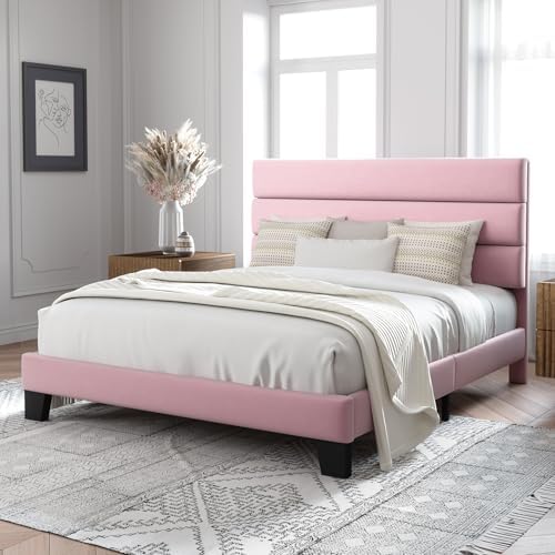 Allewie Full Size Platform Bed Frame with Velvet Upholstered Headboard Pink