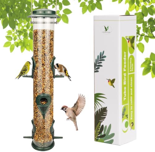 MIXXIDEA 1PK Metal Wild Bird Feeder,Squirrel Proof Bird Feeders for Outside,Hanging 6 Port Tube Bird Feeder Transparent Finch Bird Feeder for Attracting Birds in Your Lawn, Garden, Balcony-Green