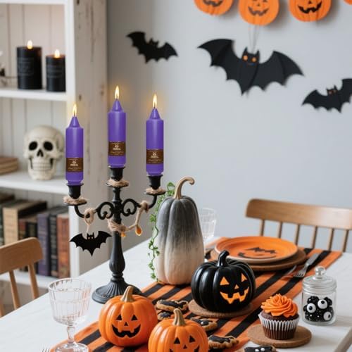 NJAO HOO Purple Advent Short Taper Candle 5 Inch Halloween Candlesticks Unscented Dripless Tapered Candle Set for Home Decor Party Dinner Candles, 4 Pack