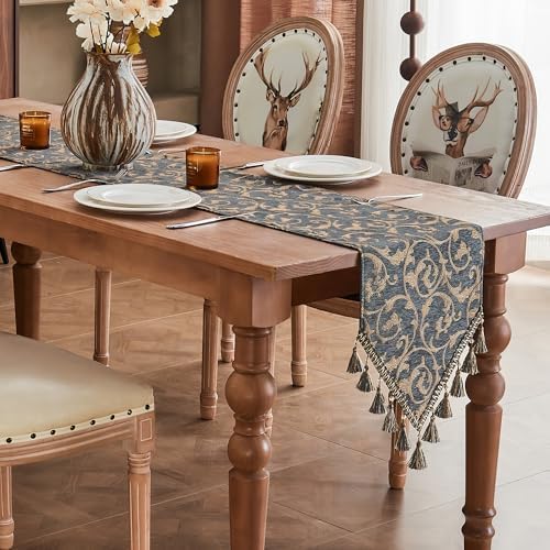 Loom and Mill Chenille Damask Table Runner 72 inches Long, Blue-Grey+Khaki