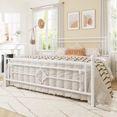 Allewie King Size Metal Platform Bed Frame, Victorian Headboard, White