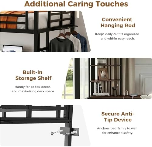 Full Size Loft Bed with Desk, USB Charging Station, LED Light and 2 Storage Shelves, Metal Heavy Duty Full Loft Bed for Adults, Teens, No Box Spring Needed, Black
