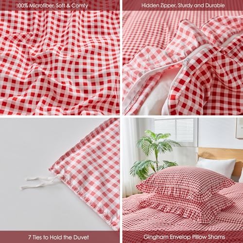 Gingham Duvet Cover King Size, 3 Pieces Soft Breathable Microfiber Plaid Duvet Cover with Zipper Closure & 2 Pillow Shams, Ruffle Farmhouse Vintage Decor, Red