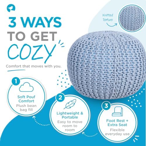 BIRDROCK HOME Round Pouf Ottoman Foot Rest, Soft Blue, 18.5”x18.5”x15”