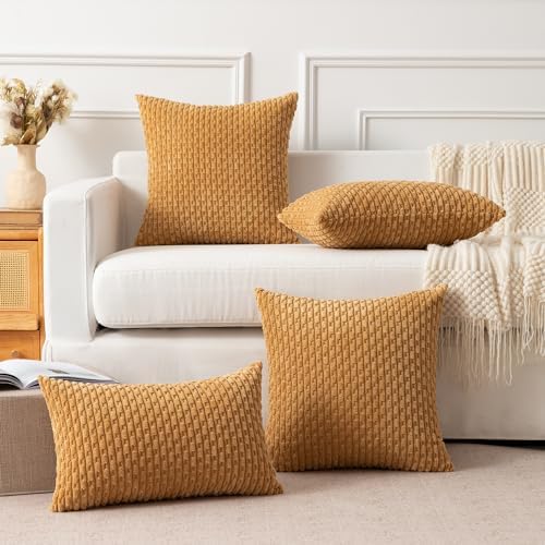 Kevin Textile Soft Corduroy 12"x20" Lumbar Pillow Covers 2 Pack, Gold