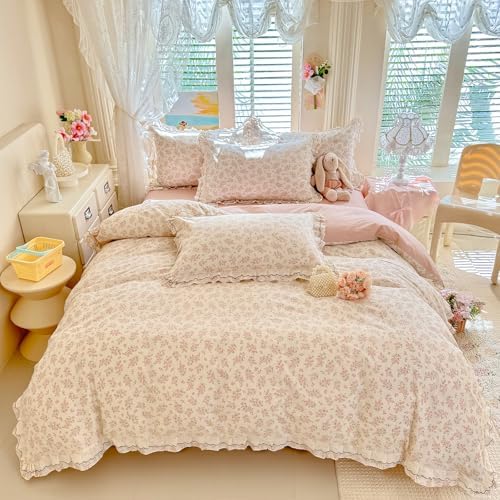 mixinni Country Floral Duvet Cover Set Twin XL Size – 100% Cotton Cottagecore Bedding with Double Layer Ruffle Lace & Black Lace Trim, Shabby Chic Reversible Farmhouse Style Comforter Cover 3-Piece