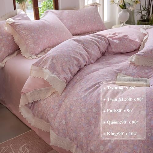 Pink Floral Duvet Cover Twin 3 Pcs,100% Cotton Bedding 68"×86"
