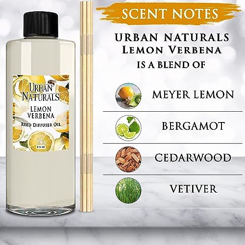 Urban Naturals Reed Diffuser Oil Refill Lemon Verbena with Lemon Zest, Bergamot, Vetiver, Cedarwood 8 oz + Free Reed Sticks, Made in the USA
