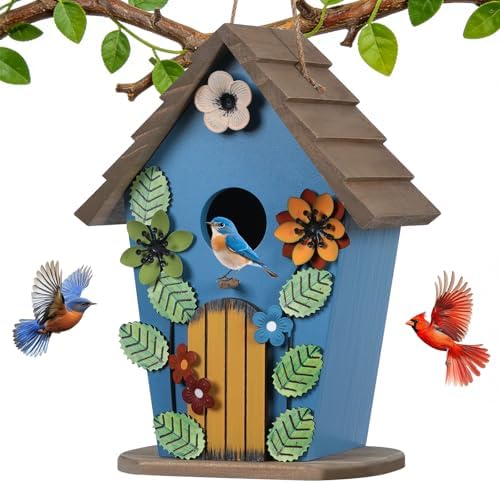 Wooden Bird Houses for Outside,Farmhouse Hanging Blue Birdhouse