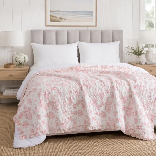 Brandream Pink Toile Quilted Throw Blanket 47" x 60" Cozy Cotton Decorative Blanket French Country Cottage Floral Quilt Throw for Bed Couch Sofa Daybed All-Season Coverlet