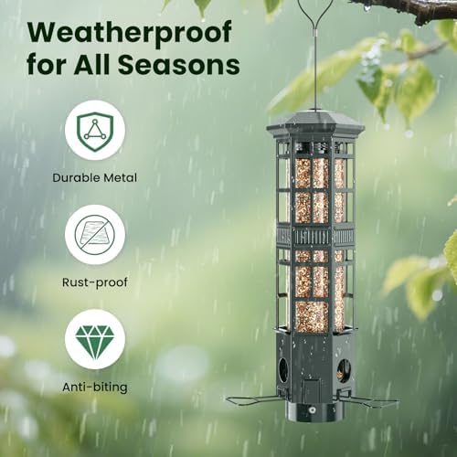 Squirrel Proof Bird Feeder, Chew-Resistant Metal Hanging Bird Feeder for Outdoors Gravity Spring Mechanism, 3 Feeding Ports, 3LB Large Capacity, Weatherproof Design for Wild Birds, Green
