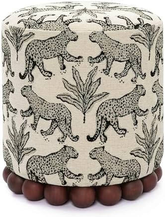 First of a Kind Ottoman Foot Rest - Cream Fabric Round Ottoman Stool with Solid Wood Spherical Orbs - 15.7" W x 15.7" D x 18.3" H - Handmade, Easy Clean, 330 lbs Weight Capacity