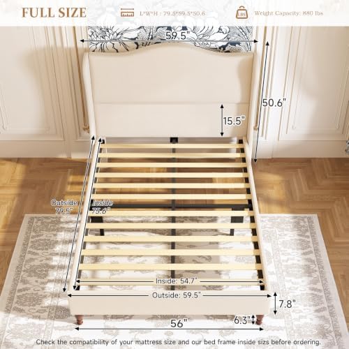 koorlian Full Size Bed Frame Upholstered Platform Bed with 51" Tall Headboard Wingback, Soft Fabric, Retro Simple Style Platform Bed No Box Spring Needed, Easy Assembly, Beige