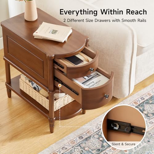 ONBRILL Pre-Assembled Narrow End Table with Charging Station, Walnut
