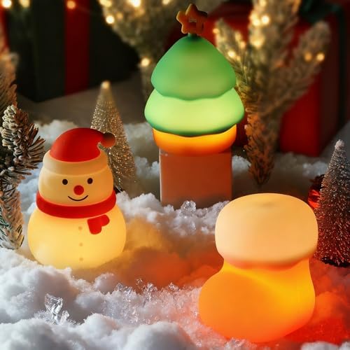 Christmas Night Light Set of 3,Rechargeable Dimmable Christmas Snowman Night Lamp,Cute Christmas Tree Decor Nightlight for Nursery Kids Hangable Squishy Silicone Boot Lights Gifts Holiday Decor