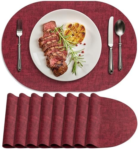 Faux Leather Oval Placemats Set of 8, Wine Red