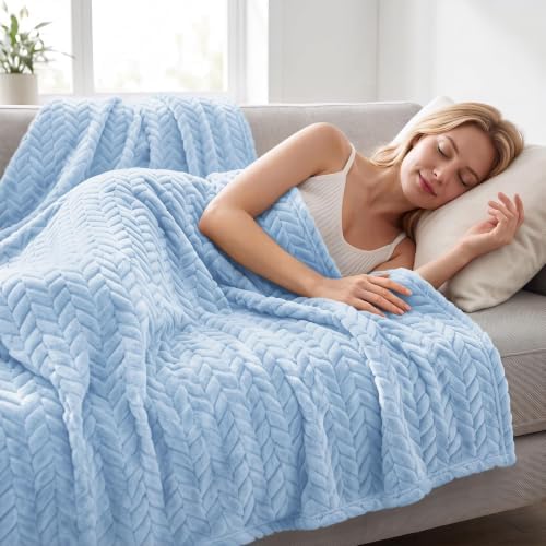 Exclusivo Mezcla Fleece Throw Blanket for Couch Sofa, 50”x70”, Light Blue