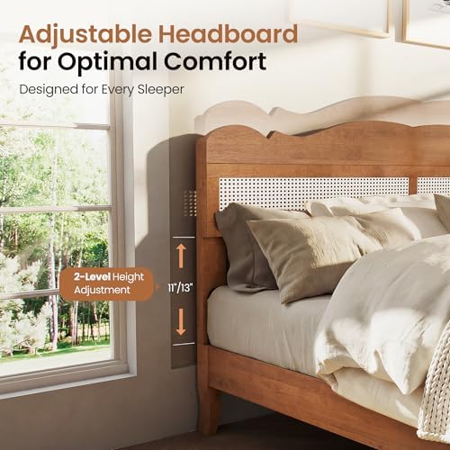 PHI VILLA Solid Wood Queen Bed Frame with Adjustable Headboard