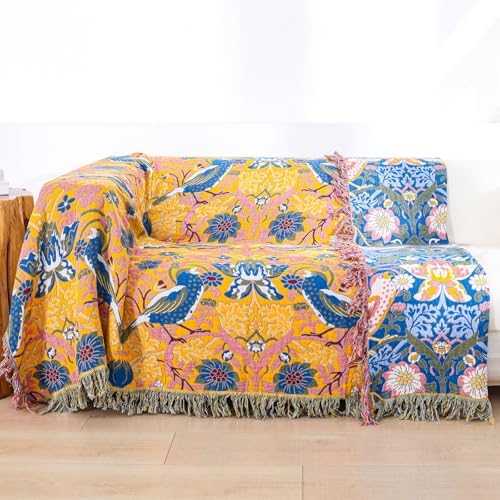 Floral Bird Boho Throw Blanket for Bed Decor 90"×98" Blue/Yellow