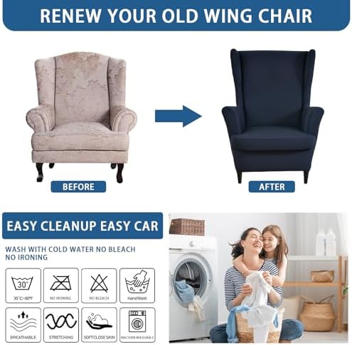 Wingback Chair Slipcover 2 Piece Stretch Armchair Cover Furniture Protector Washable Spandex Wing Navy Blue Chair Covers for Living Room
