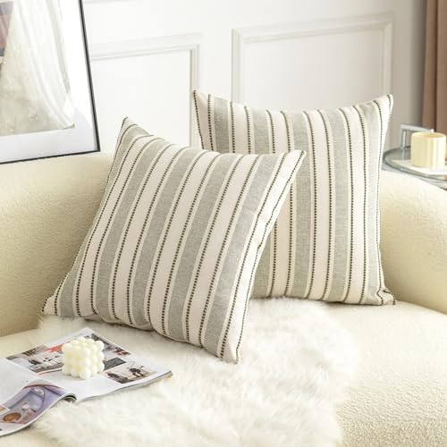 Cethom Decorative Boho Throw Pillow Covers, Farmhouse Textured Pillow Case, 18 x 18 Inch Set of 2, Chair Sofa Bedroom Living Room Home Decor Couch Cushion Case, Olive Green and Beige Striped