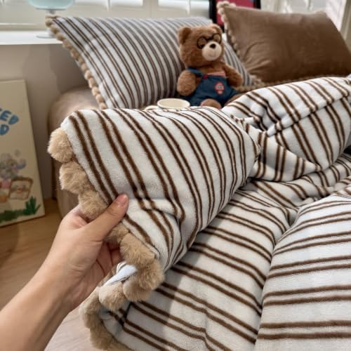 AOJIM Milk Velvet Duvet Cover Set Twin XL 3Pcs Retro Brown Striped Bedding