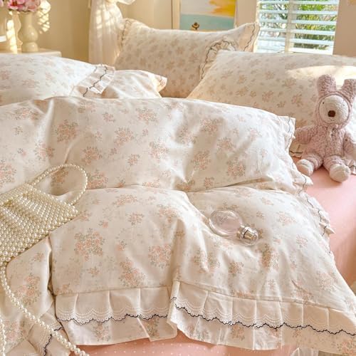 HighBuy Farmhouse 100% Cotton Duvet Cover Full Size,Pink Floral Ruffle Lace Design Comforter Cover with 2 Pillowcases,Reversible Blush Princess Ruffled Duvet Cover Set Coquette Soft