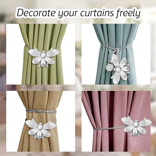 Curtain Holdbacks Set of 2, Gift, Resin Magnetic Curtain Tiebacks Silver Flying Bee Curtain Holders, Decorative Curtain Ties for Drapes, Outdoor Home Office Farmhouse, Curtain Decorative Accessories