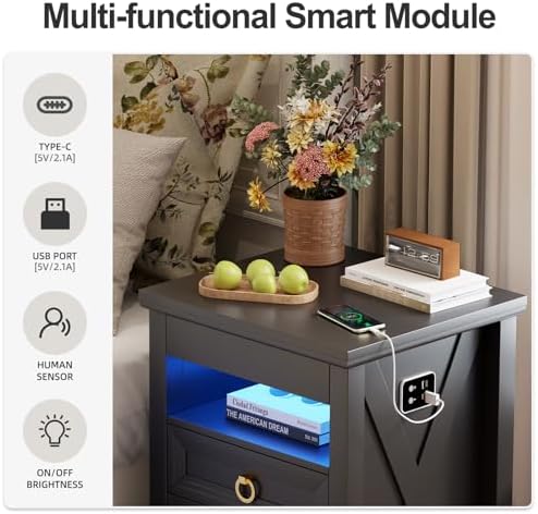 Farmhouse Nightstand with Gun Drawer,Bedside Table with Charging Station and Human Body Senor,3 LED Lights Night Stand with 3 Drawers and Open Shelf,End Side Table for Bedroom(Black)