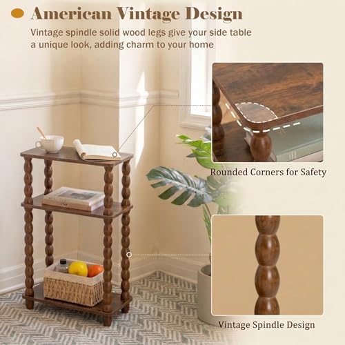 3-Tier Narrow Side Table, Skinny End Table with Wood Spindle Legs Brown